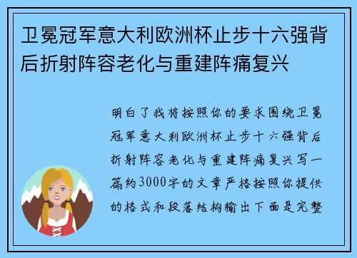 卫冕冠军意大利欧洲杯止步十六强背后折射阵容老化与重建阵痛复兴